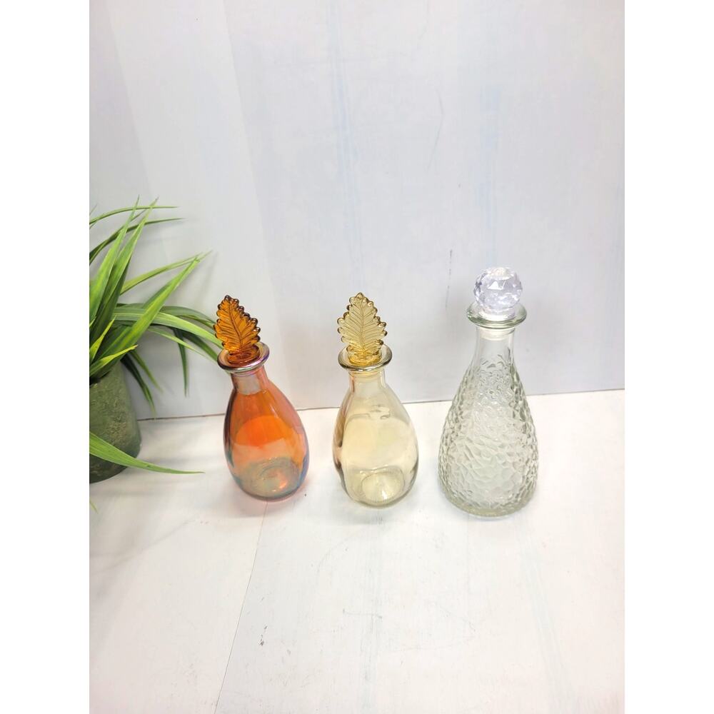 Vintage Amber Glass Perfume Bottle Set Leaf Stopper Hammered Potion Cruet Decor